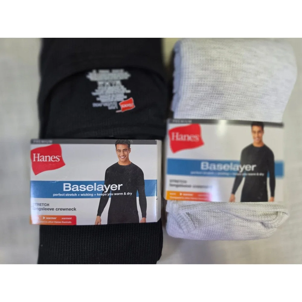 Hanes Premium Baselayer Mens 2XL Set Black Long Sleeve Top White Stretch Pants